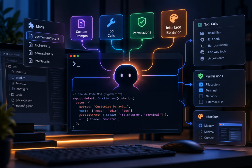Claude Code mods concept showing custom prompts, tool calls, permissions and interface customization