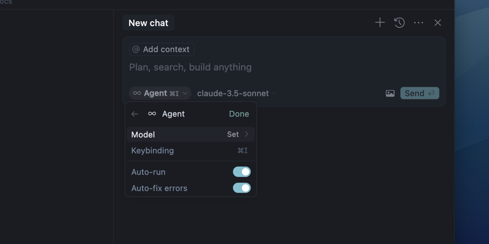 Cursor AI coding editor showing its Agent workspace and controls
